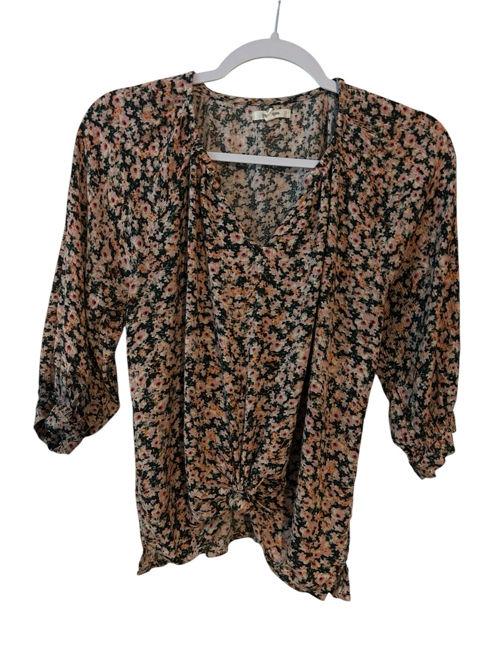 Maurices Floral Tie-Front Blouse - Black, Pink & Tan. Medium